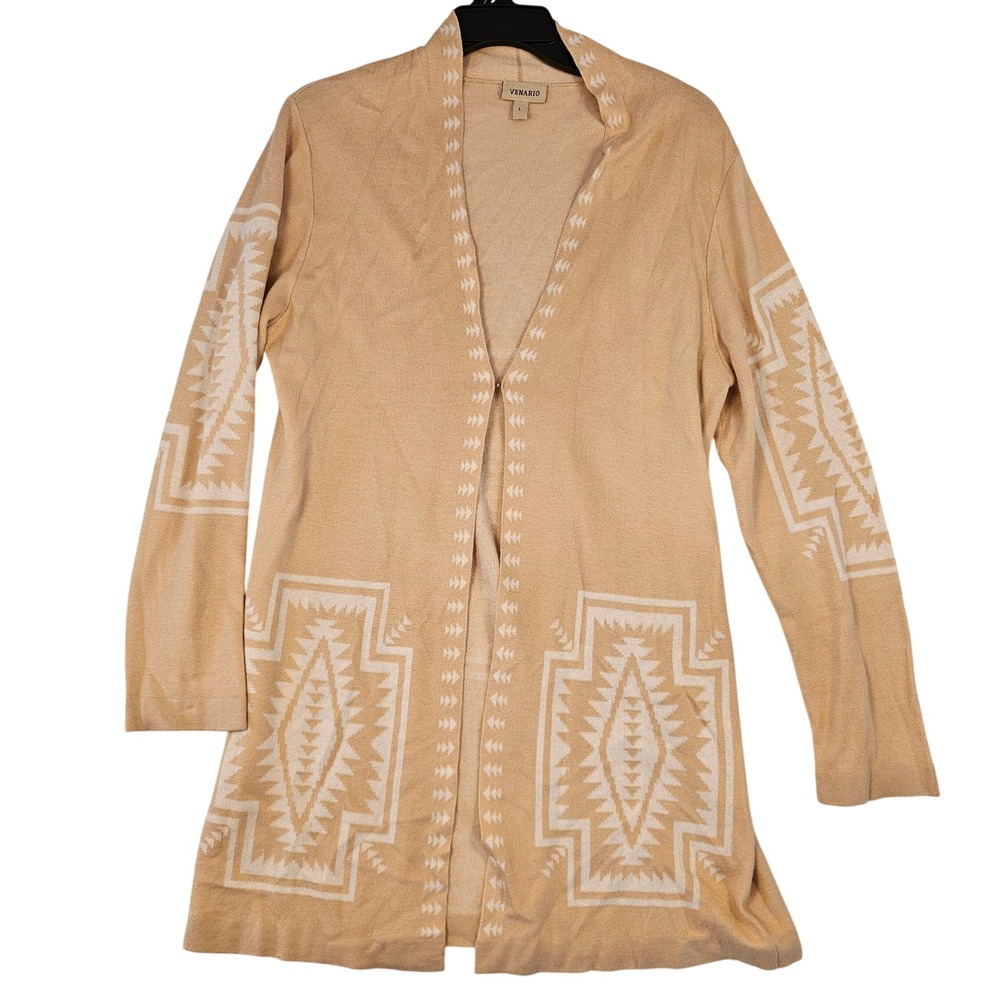 Venario Womens Large Tan Southwestern Geometric Knit Open Front Cardigan Sweater